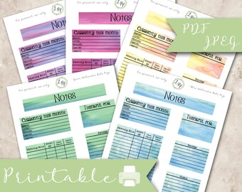 Watercolor Note Page collection, printable planner stickers, note page, bill tracker, birthday tracker, currently, erin condren, lifeplanner