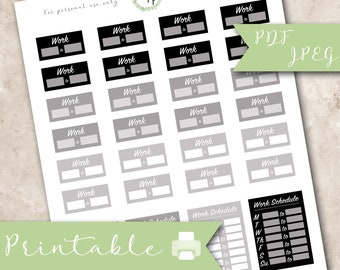 Black & White work schedule, plain, printable planner stickers, erin condren, work hours, happy planner, digital, jpeg, pdf