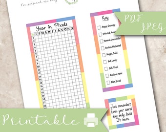 Year in Pixels, printable planner stickers, mood tracker, colorful, Erin Condren, bullet journal, note page, instant download, jpeg, pdf
