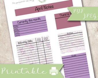 Floral April Note Page printable planner kit, erin condren, monthly bills tracker, birthday tracker, happy planner, jpeg, pdf