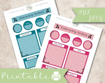 12 Month Note Page collection, erin condren, life planner, printable planner stickers, bill tracker, birthday tracker, goals, important