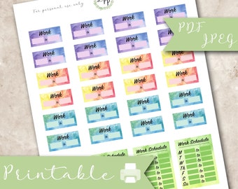 Watercolor work schedule stickers, printable, planner, erin condren, work hours, happy planner, life planner, digital, jpeg, pdf