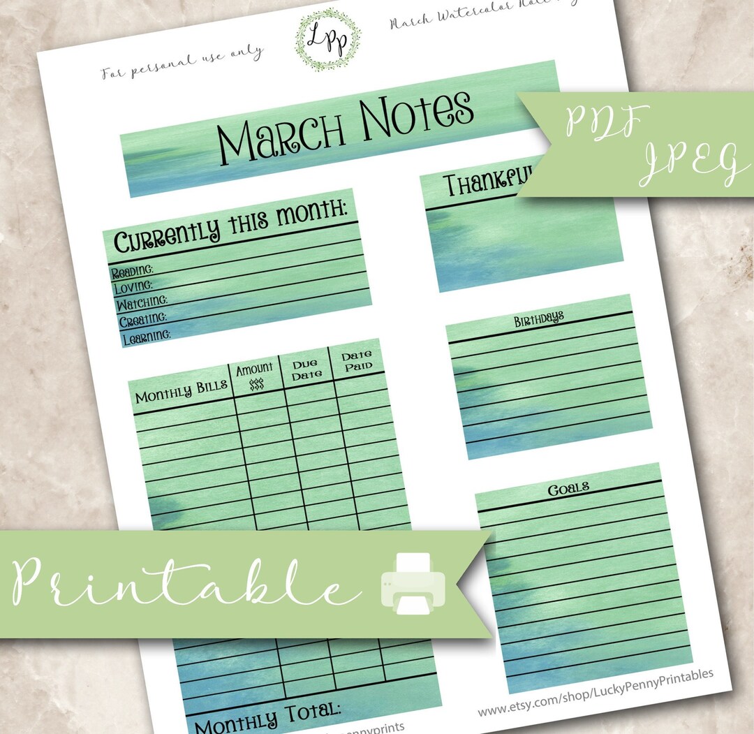 Watercolor March Note Page Kit, Printable Planner Stickers, Erin ...