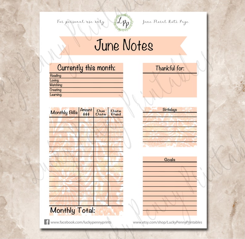 June Notes June Floral Note Page Kit, Printable Planner Stickers, Erin Condren ...