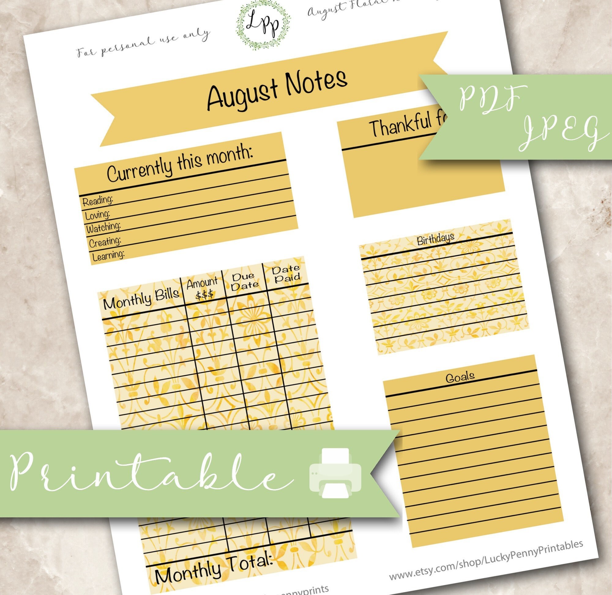 Month August Notes Floral August Note Page Kit, Erin Condren, Printable Planner Stickers ...