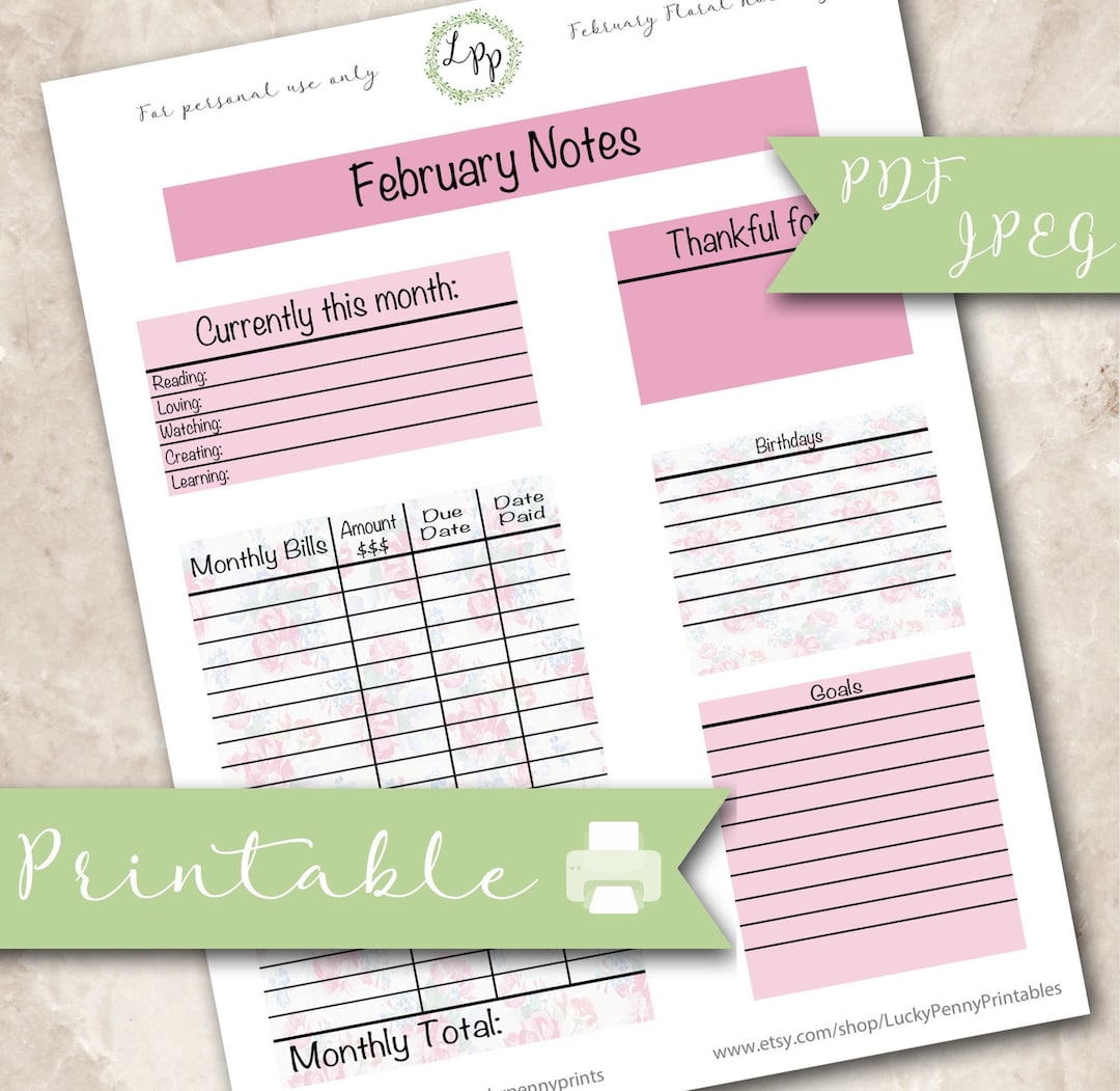 Floral February Note Page Kit, Printable Planner Sticker, Erin Condren ...