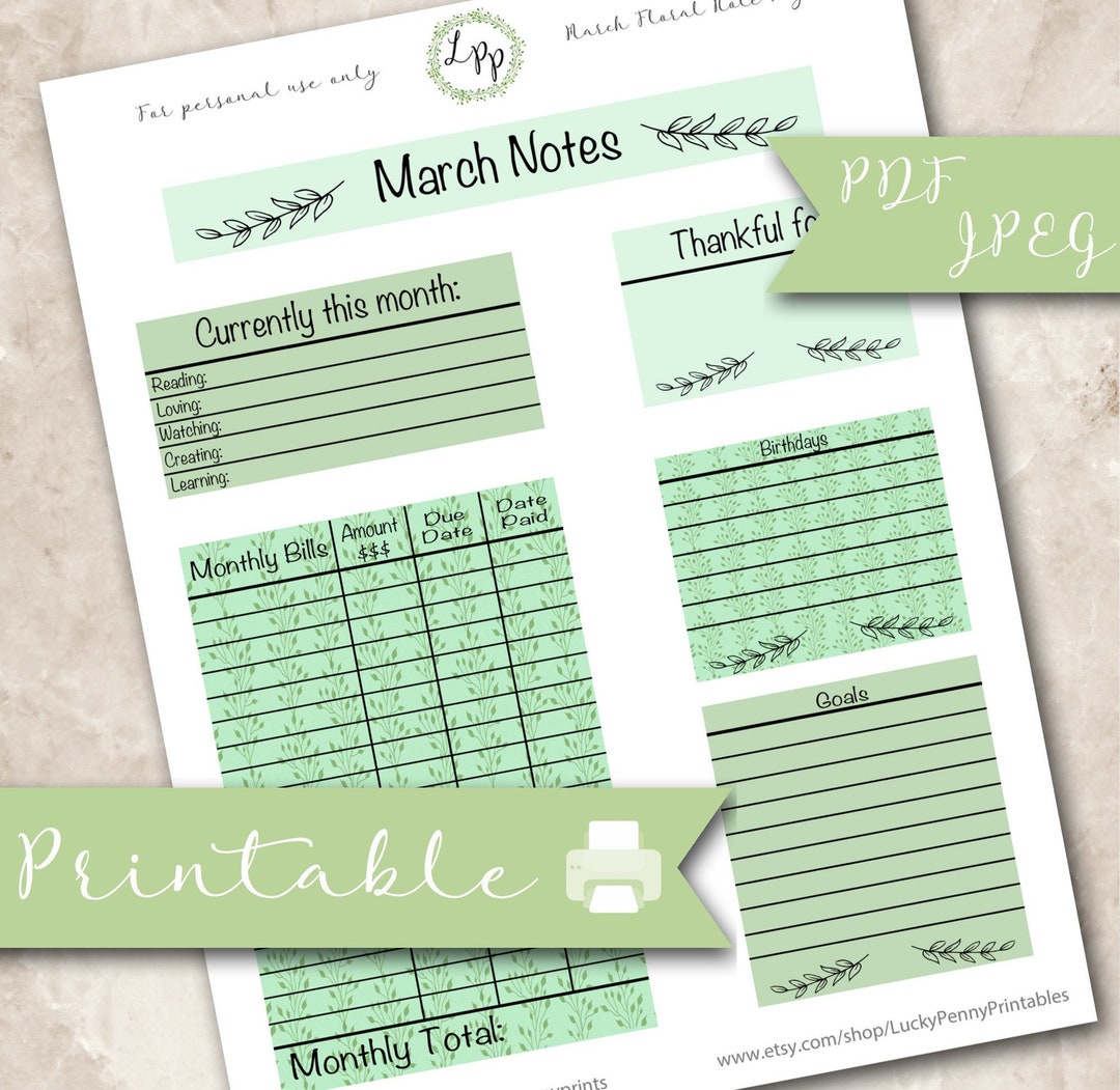 Floral March Note Page Kit, Erin Condren, Printable Planner Stickers ...
