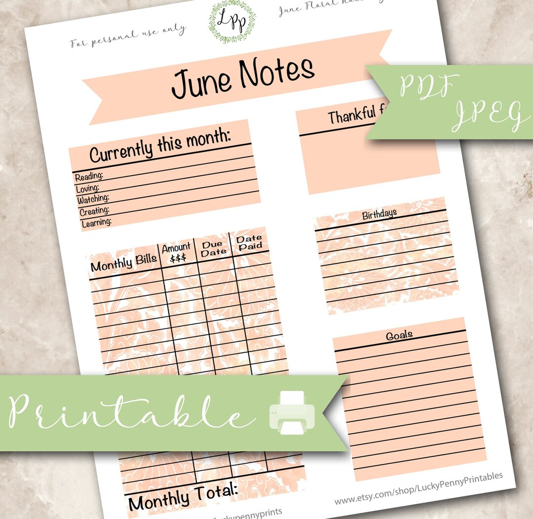 June Floral Note Page Kit, Printable Planner Stickers, Erin Condren ...