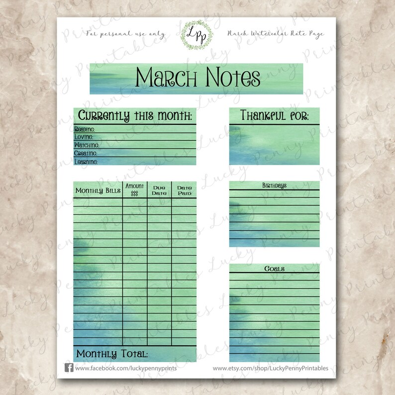 Watercolor March Note Page Kit, Printable Planner Stickers, Erin ...