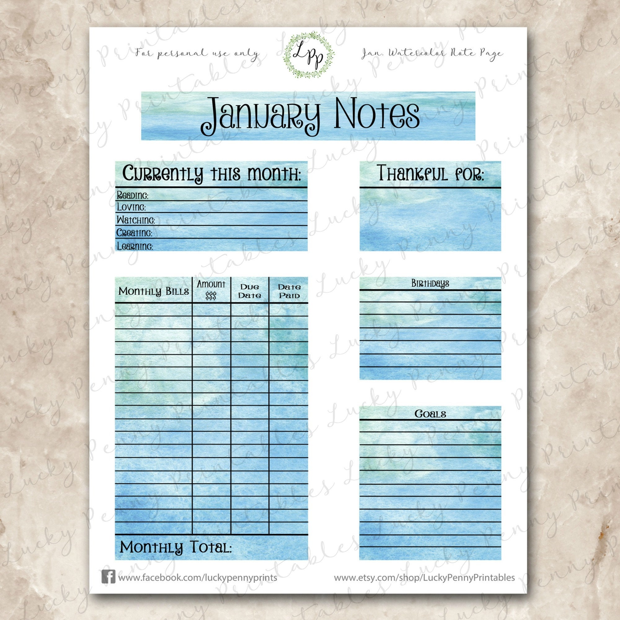 January Note Template Watercolor January Note Page Kit, Printable Planner Stickers, Erin ...
