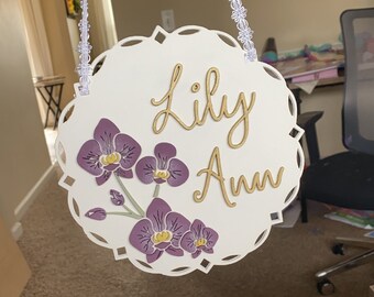 Aangepast houten naambord, lasergesneden bloemen kinderkamerdecoratie