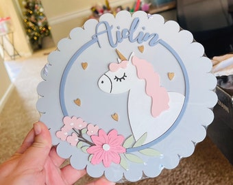Aangepast houten naambord, decor eenhoorn kinderkamer, lasergesneden 3D-bord