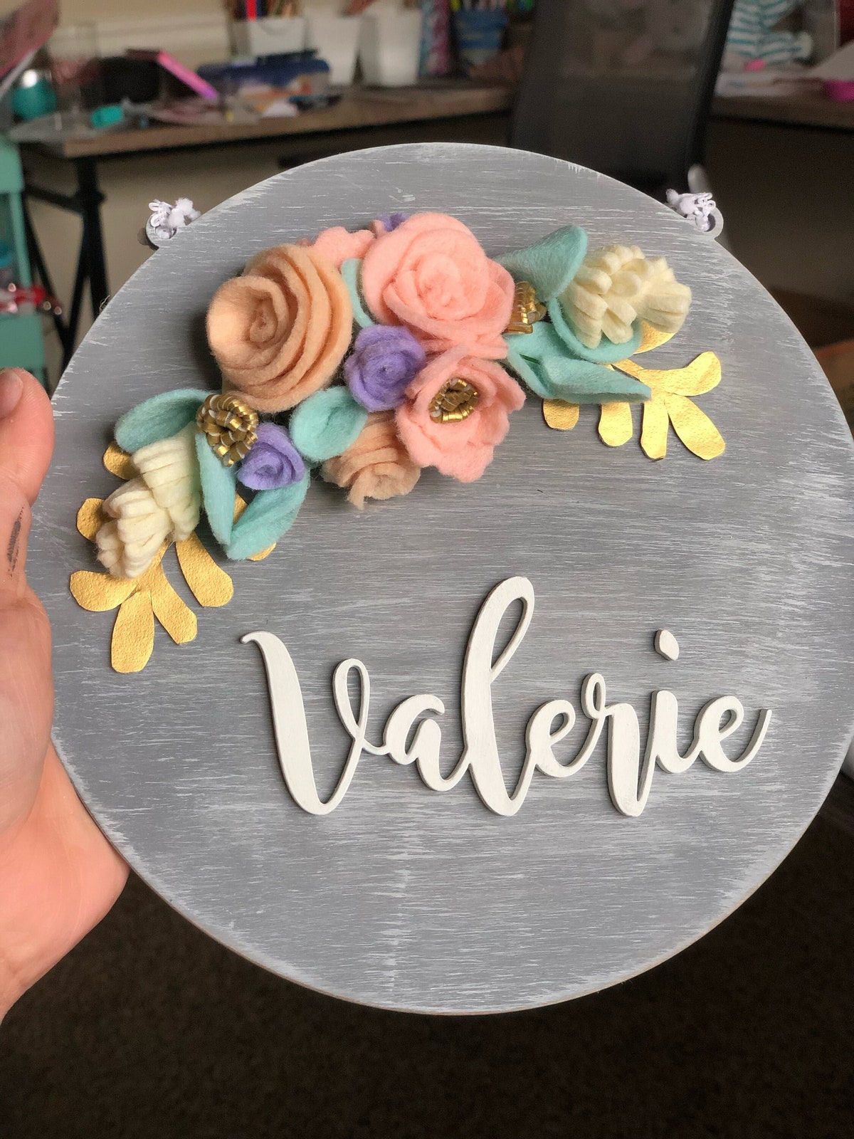 Custom Felt Flower Name Sign, Laser Cut Wood Nursery Decor