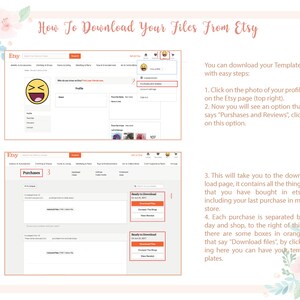 May include: A screenshot of the Etsy website showing instructions on how to download digital files purchased from the site. The instructions include clicking on the profile picture, selecting "Purchases and Reviews", and then clicking on the "Download Files" button next to each purchase.