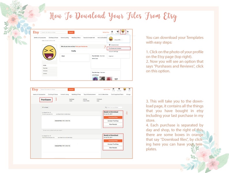 May include: A screenshot of the Etsy website showing instructions on how to download digital files purchased from the site. The instructions include clicking on the profile picture, selecting "Purchases and Reviews", and then clicking on the "Download Files" button next to each purchase.
