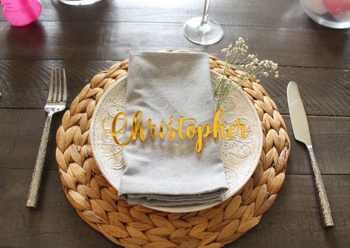 Custom Gold Mirror Acrylic Place Cards, Laser Cut Wedding Guest Names