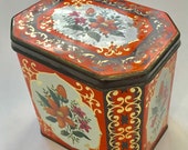 Retro Orange Reddish Shabby Chic Tin Canister w Working Hinge Top - Great stash trinket bathroom storage