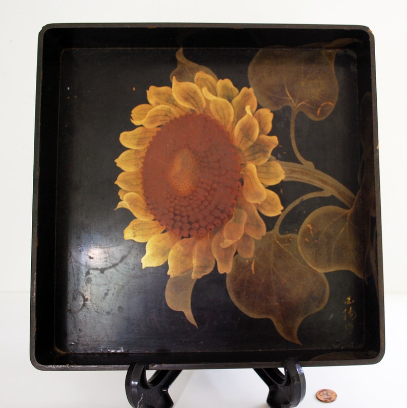 Japanese Lacquer Signed Antique Tray with Sunflower