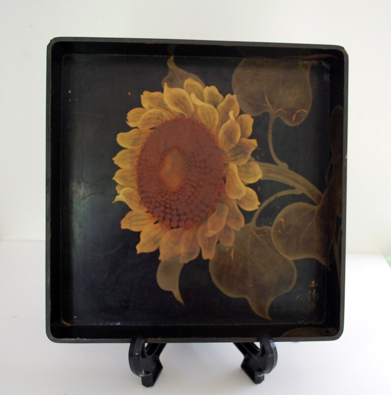 Japanese Lacquer Signed Antique Tray with Sunflower