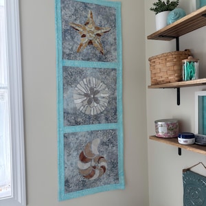 Coastal Decor Table Runner Wall hanging Starfish Sanddollar Seashell 100% Cotton Raw-edge applique, 45” x 16"