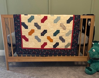 Handmade Baby Quilt Red, White, Blue Nursery Decor  Blanket  ( 38” x 46”)