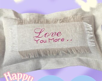 Love You More Pillow | Fuchsia Embroidery on Beige Linen