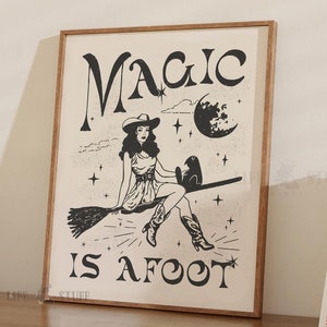 Halloween Cowgirl Wall Art Western Witch Decor Eclectic Black Cat Print Spooky Magic Woman