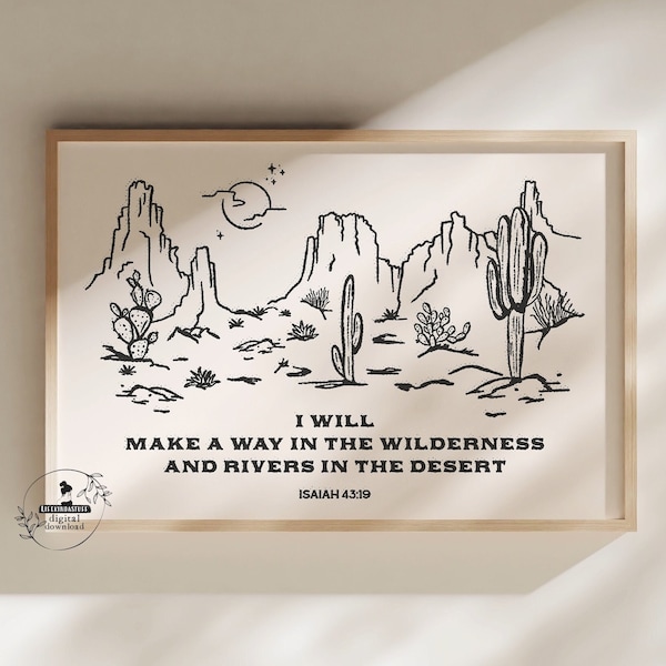 Desert Bible Verse Wall Art Modern Christian Artwork Western Home Decor Biblical Scenery Wild West Landscape Christian Scripture Line Art