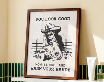 Art drôle de salle de bain : Lavez-vous les mains : affiche de cow-girl western rétro et décoration kitsch de salle d'eau