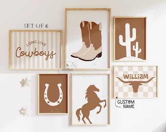 Decoración de habitación infantil de vaqueros: Impresión artística personalizada con nombre de bebé del oeste, temática de rodeo, galería rústica