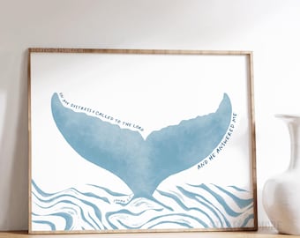 Impression de versets bibliques Beach House – Jonas 2: 2 queue de baleine, art sacré bleu côtier