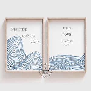 Psalm 93:4 Mightier Than the Waves, Modern Christian Affirmations Wall Art, Coastal Bible Verse Poster Set of 2, Nautical Scripture Artwork