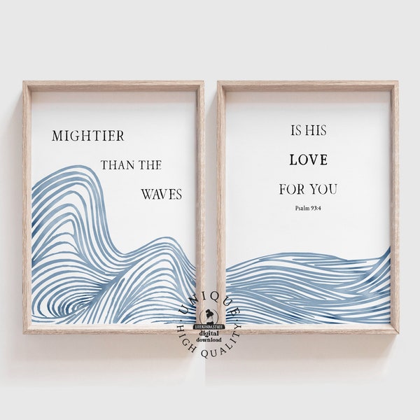 Psalm 93:4 Mightier Than the Waves, Modern Christian Affirmations Wall Art, Coastal Bible Verse Poster Set of 2, Nautical Scripture Artwork