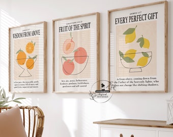 Farmhouse Christian Kitchen Prints Set Fruit Market Art Dining Room 3 piece Bible Verse