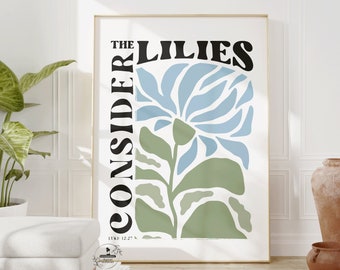Consider The Lilies Print: Retro Flower Market Christian Wall Art Bible Verse Decor Gift