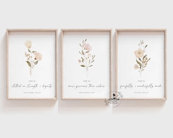 Baby Girl Christian Nursery Wall Art Botanical Scripture Boho Watercolor Bible Verse Newborn Prints