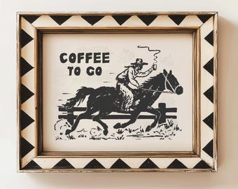 Impression d'art Coffee To Go Cowboy : affiche western rétro pour décoration murale de cuisine