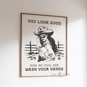 Wash Your Hands Print Funny Western Cowgirl Bathroom Wall Art Washroom Decor Retro Home