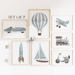 Baby Boy Nursery Wall Art Prints Blue Decor Set of 7 Gallery Pale Boys Room Decor Baby Prints Travel Nursery Kids Playroom Gift for Newborn