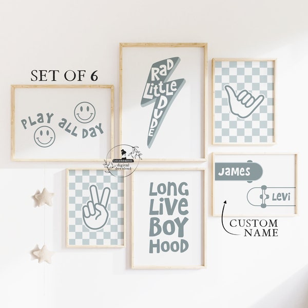 Blue Boys Room Decor Personalized Name Rad Little Dude Skateboard Gallery Wall Set Long Live Boyhood Checkered Retro Toddler Playroom Poster