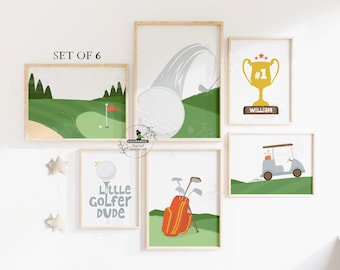 Golf Nursery Art Set: Custom Name Print, Sports Theme Personalized Boy Gallery Playroom Decor