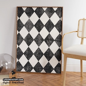 Art mural funky à carreaux en diamant, art géométrique moderne du milieu du siècle, art contemporain noir et blanc, art mural neutre tendance, art abstrait