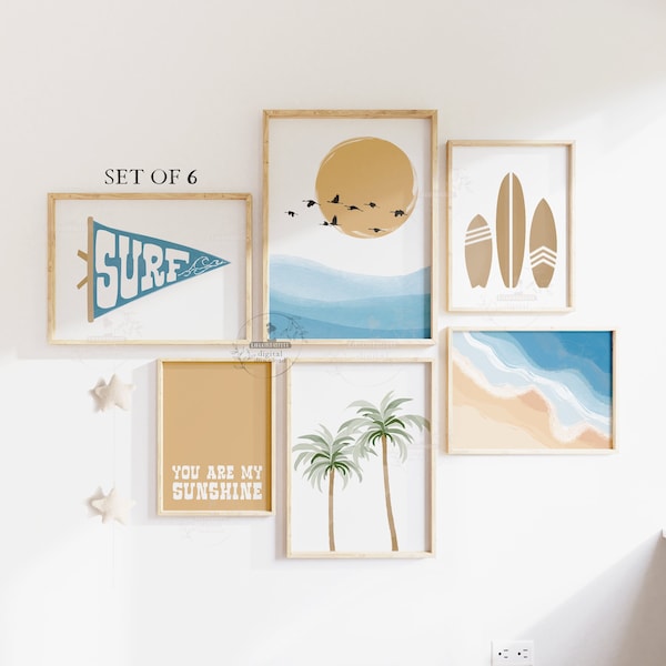 Décoration de chambre Beachy Boys, art mural Boho Beach Surf, chambre d'enfant, galerie côtière pour garçon, chambre de bébé, surfeur, salle de jeux lumineuse, impression You Are My Sunshine