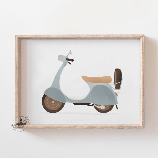 Boys Travel Nursery Decor Vespa Scooter Vintage Bike Wall Art Gift for Newborn Baby Boy Decor Kids Playroom Print Transportation Nursery Art