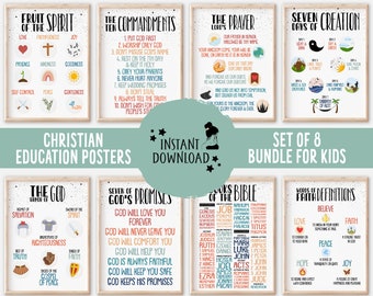 May include: Set of eight colorful Christian education posters for kids. The posters feature illustrations and text about the fruit of the spirit, the ten commandments, the Lord's prayer, the seven days of creation, the God dance, seven of God's promises, books of the Bible, and words of faith definitions.