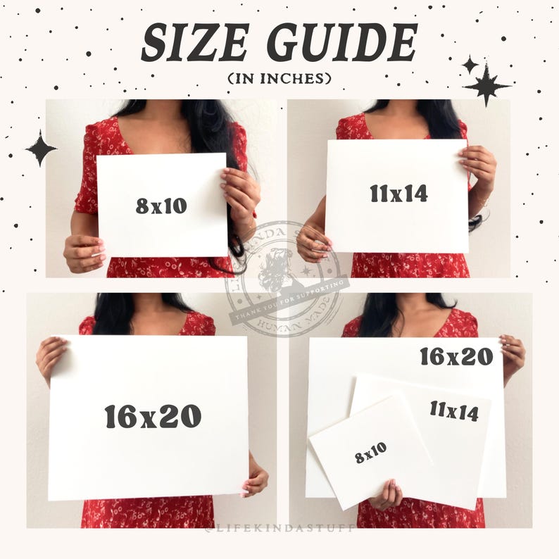 May include: A size guide graphic displays various print sizes. The text "SIZE GUIDE (IN INCHES)" is at the top. The sizes shown are 8x10 inches, 11x14 inches, and 16x20 inches. The image is held by a person wearing a red dress.