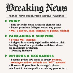 May include: A cream-colored print with the words "Breaking News" in a bold, vintage font. Below, the text reads "PLEASE READ DESCRIPTION BEFORE PURCHASE." Additional text details print specifications, packaging, and return policies.