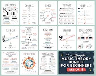 Puede incluir: Un conjunto de 13 pósters imprimibles de teoría musical para principiantes. Los pósters son coloridos y presentan ilustraciones de notas musicales, claves, escalas, acordes y otros conceptos de teoría musical. Los pósters se titulan "The Ultimate Music Theory Bundle for Beginners" y "Set of 13".