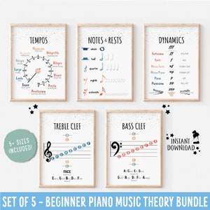 Music Theory Student Classroom Teacher Education Printable, Set of 5 Piano learning practice room decor, Piano music teacher aid cheat sheet