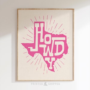 Pink Orange Wall Art Preppy Howdy Print Cowgirl Aesthetic Western Dorm Room Decor Trendy Bar Cart Art Eclectic Texas Map Maximalist Wall Art
